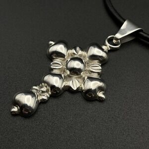 Vintage Mexico Sterling Puffy Heart Cross Necklace TD-91 Black Leather‎ Cord